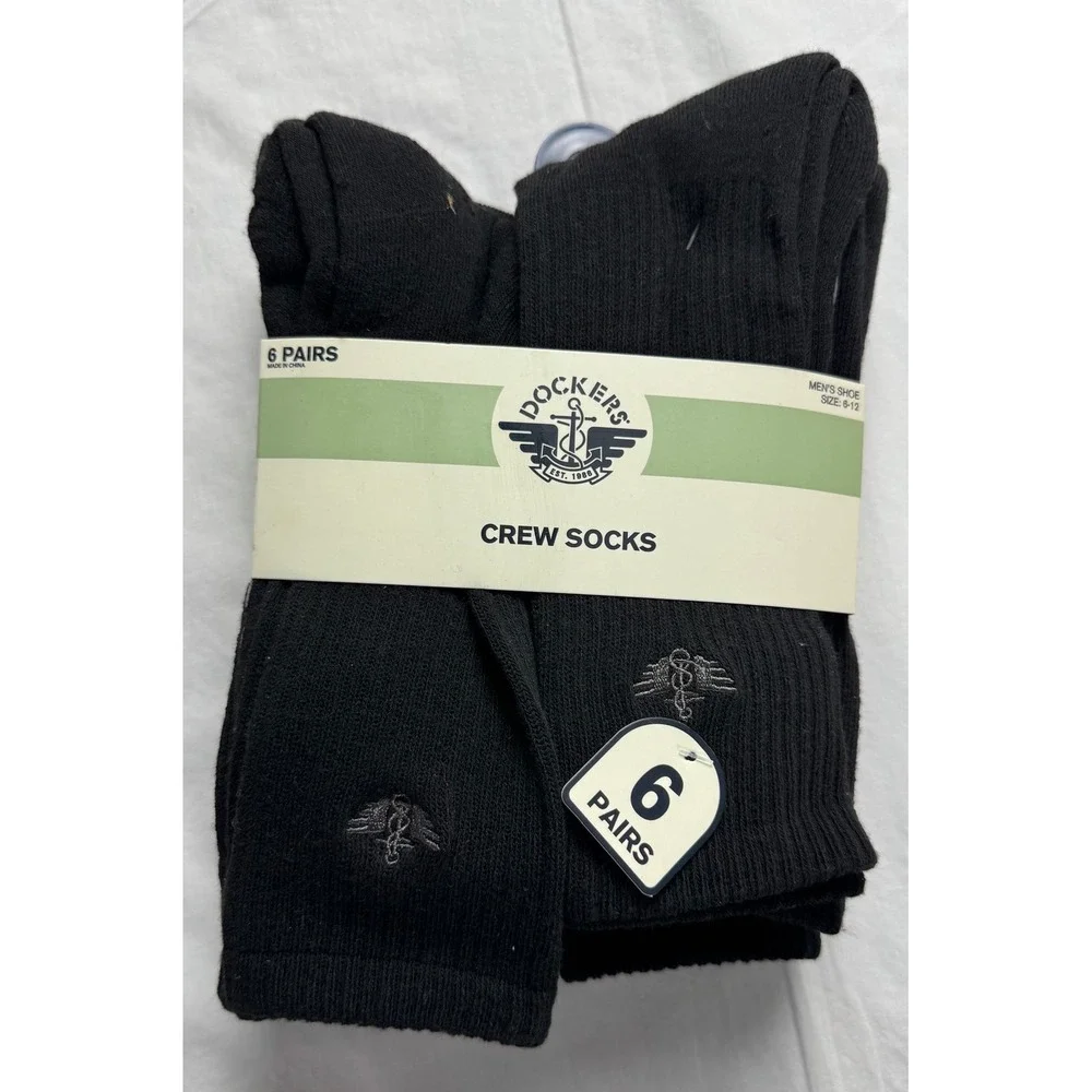 Dockers Mens Crew Socks 6 Pair Pack Black Ribbed Logo Shoe Size 6-12